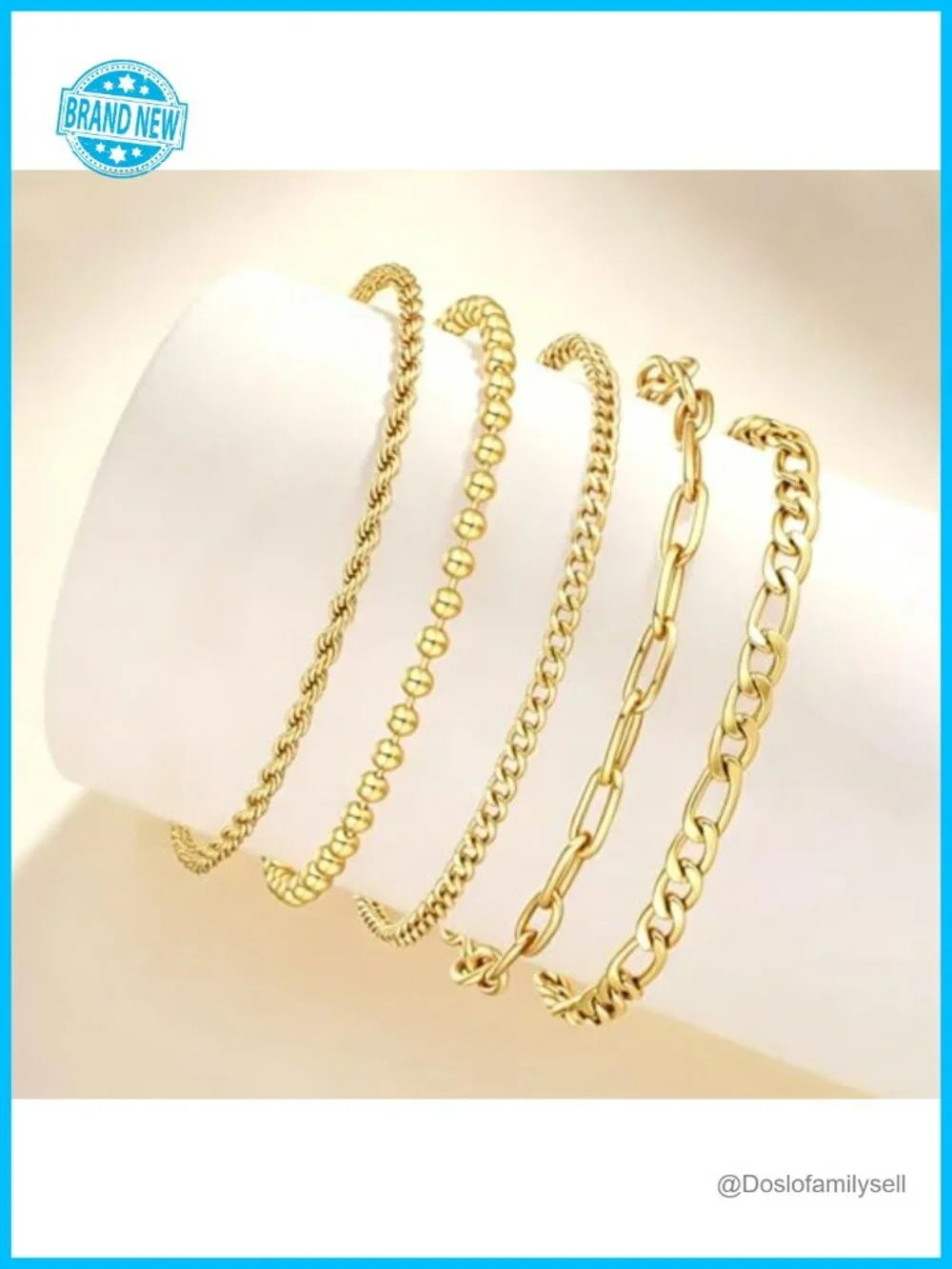 14K Gold Plated Waterproof Stackable Bracelet Set - 5 Pack Adjustable Link